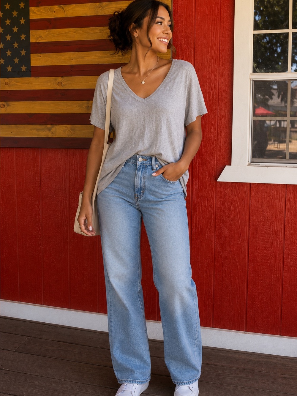 Jolie Gray V-Neck Short Sleeve Tee